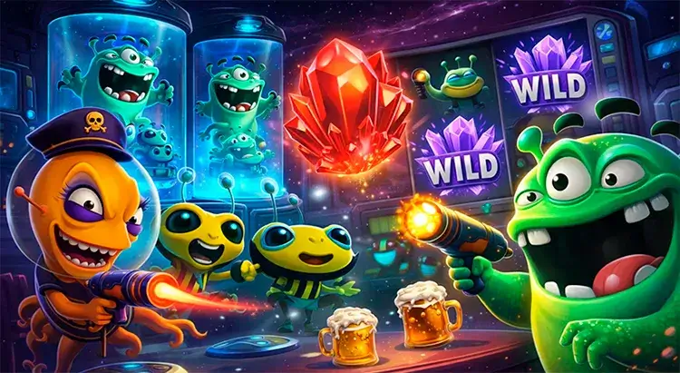 Веселые инопланетяне с бластерами и красный кристалл в интерфейсе игрового автомата Space Wars.