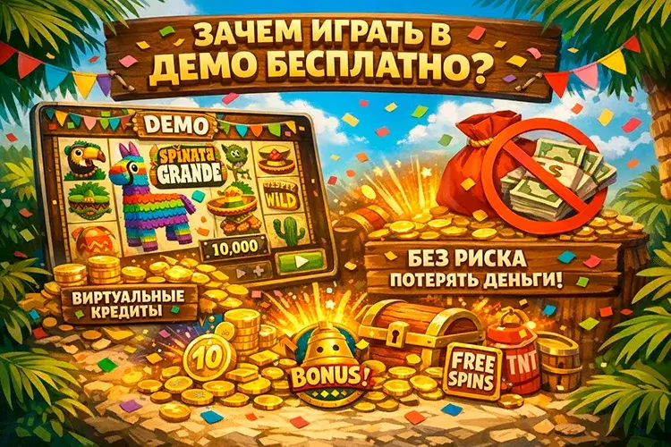 Инфографика преимуществ бесплатной игры в демо-режиме слота Spinata Grande с виртуальными кредитами.