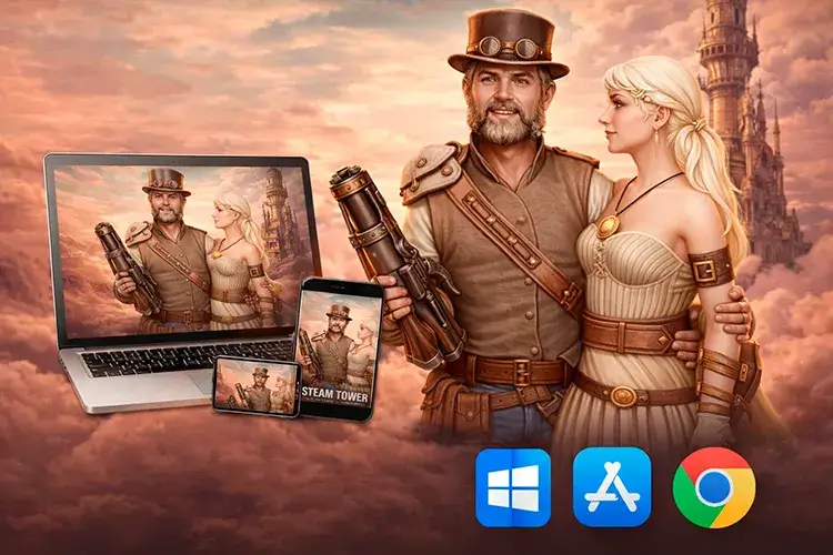 Главные герои слота Steam Tower на экранах ноутбука и смартфона на фоне облаков.